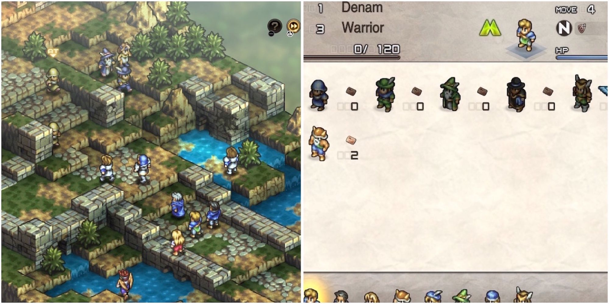 Fighting a battle and the character menu in Tactics Ogre Reborn