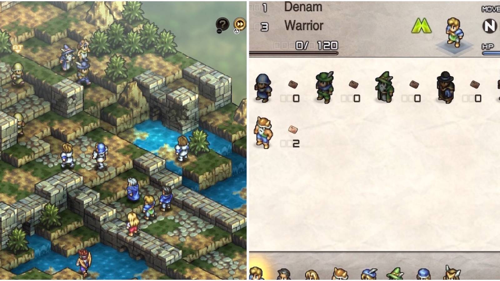 Fighting a battle and the character menu in Tactics Ogre Reborn