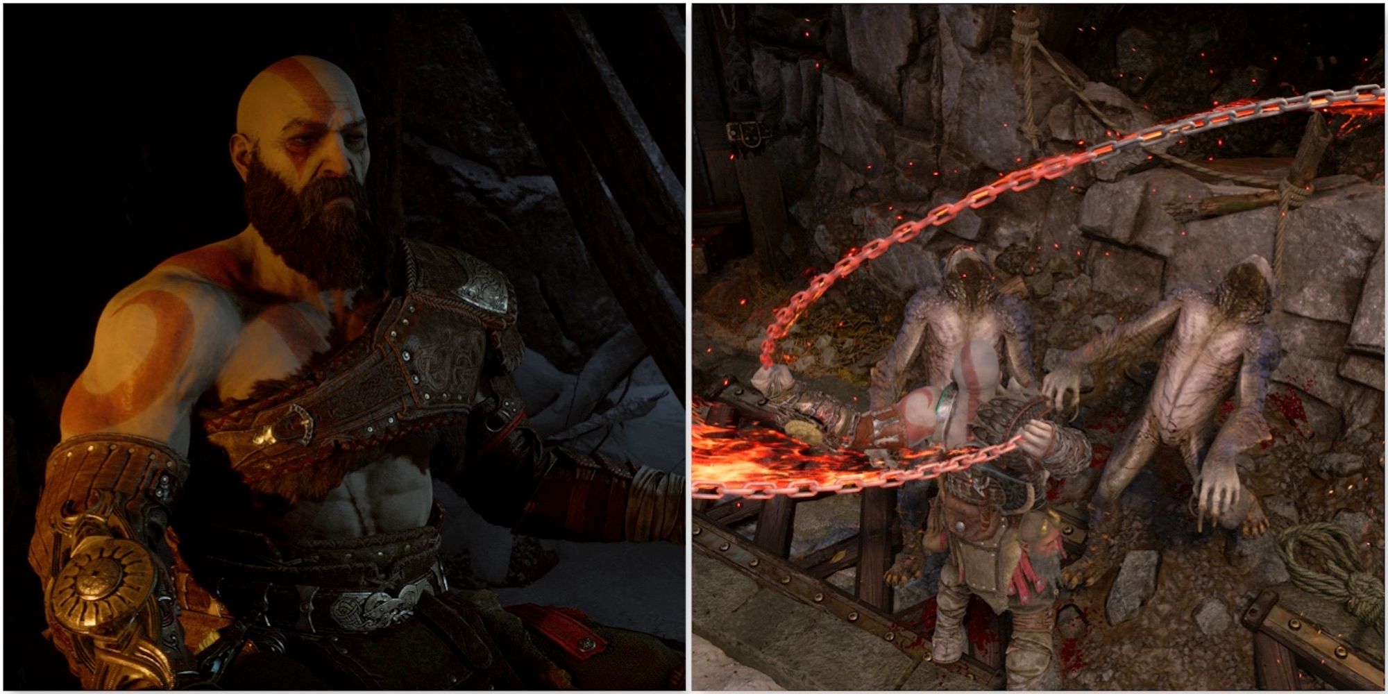 Kratos e lutando contra inimigos em God of War Ragnarok