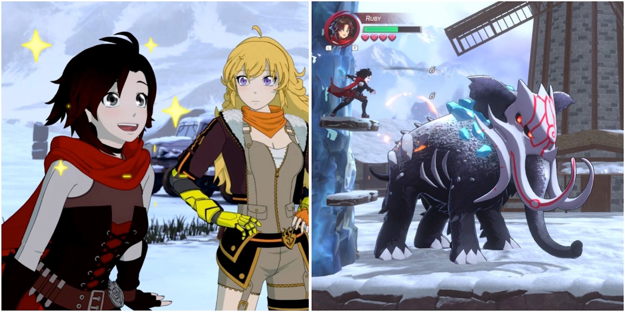 Ruby, Yang, and fighting enemies in RWBY Arrowfell