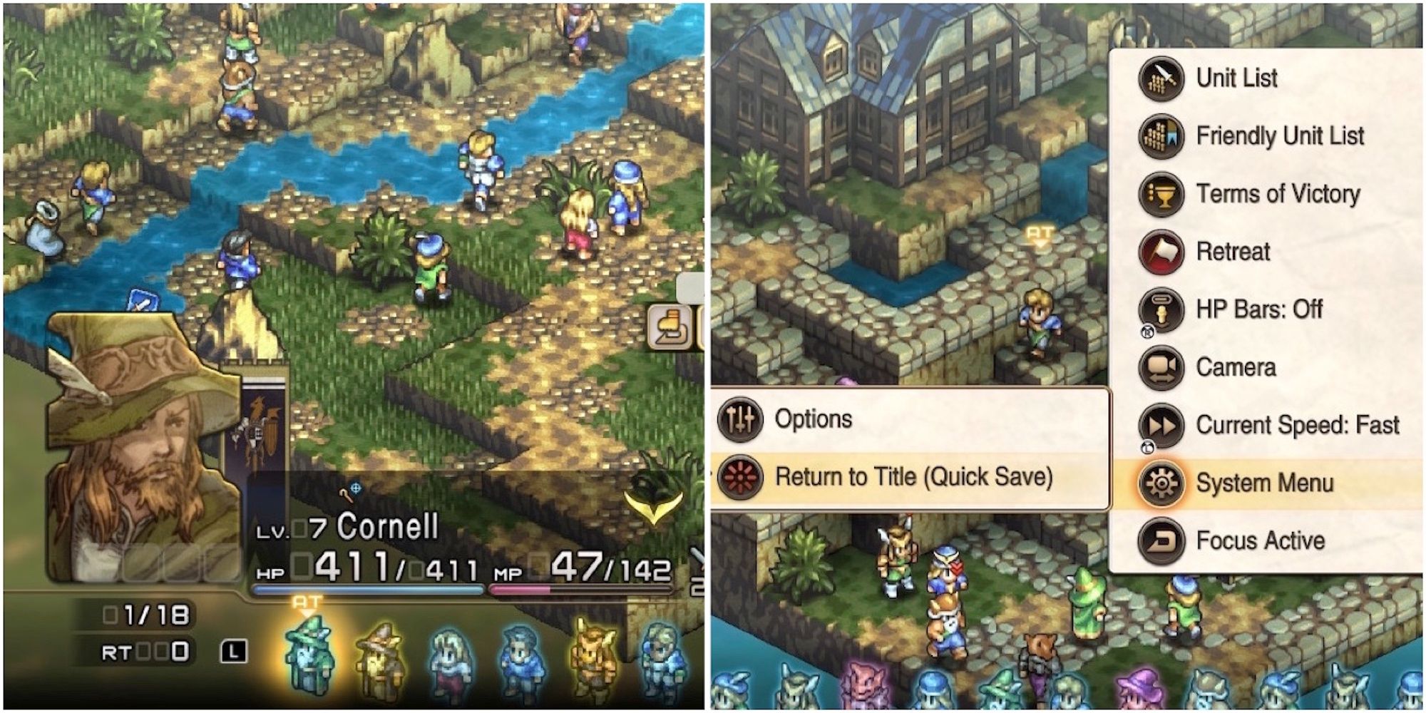 Fighting a battle and an options menu in Tactics Ogre Reborn