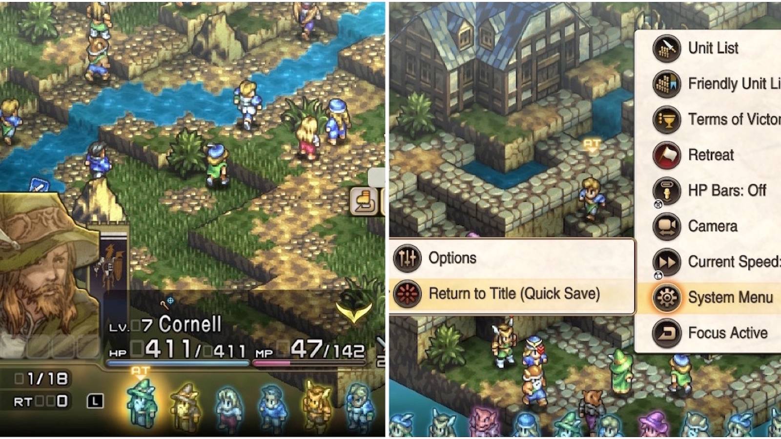 Fighting a battle and an options menu in Tactics Ogre Reborn