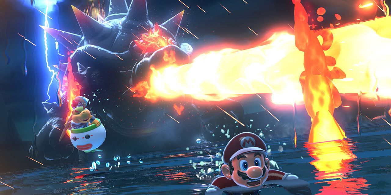 Mario falling in front of Bowser breathing fire in Super Mario 3D World + Bowser's Fury
