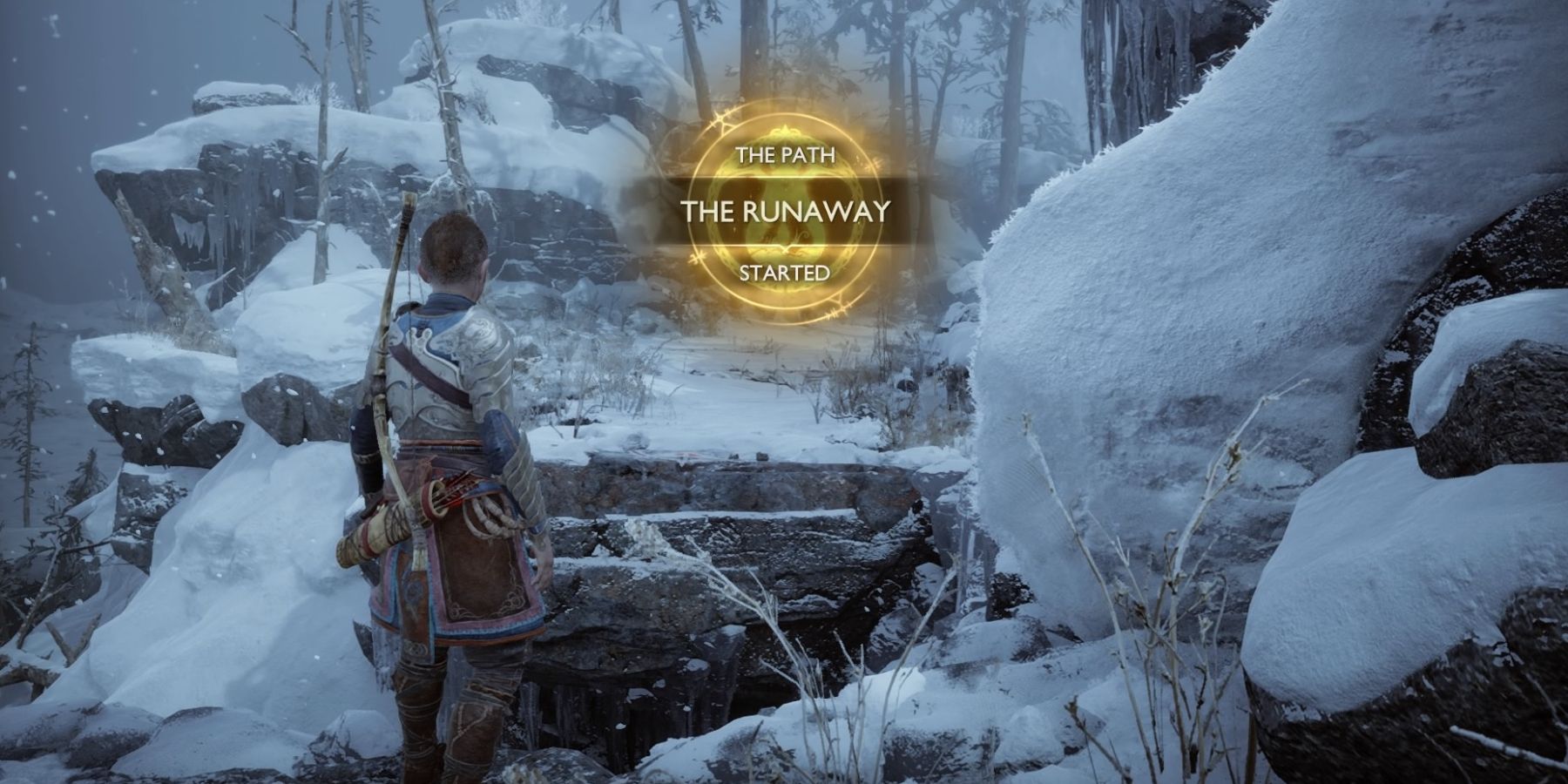 Atreus faces a snowy landscape in God of War Ragnarok