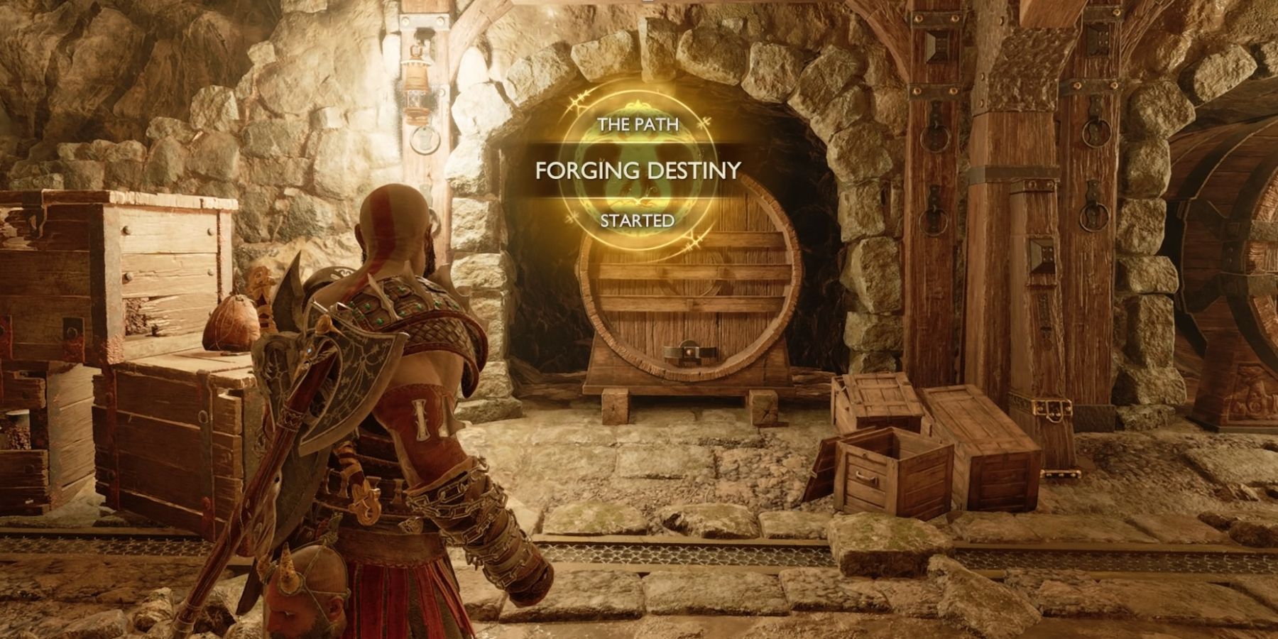 Kratos faces a barrel in God of War Ragnarok