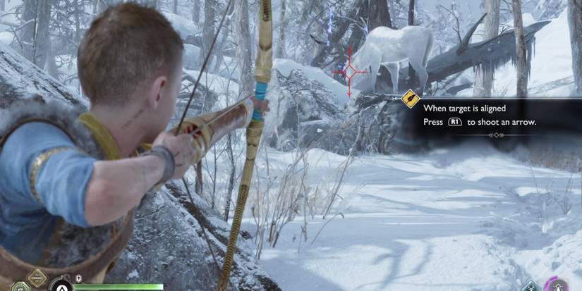 Atreus aims his bow at an elk in God of War Ragnarok