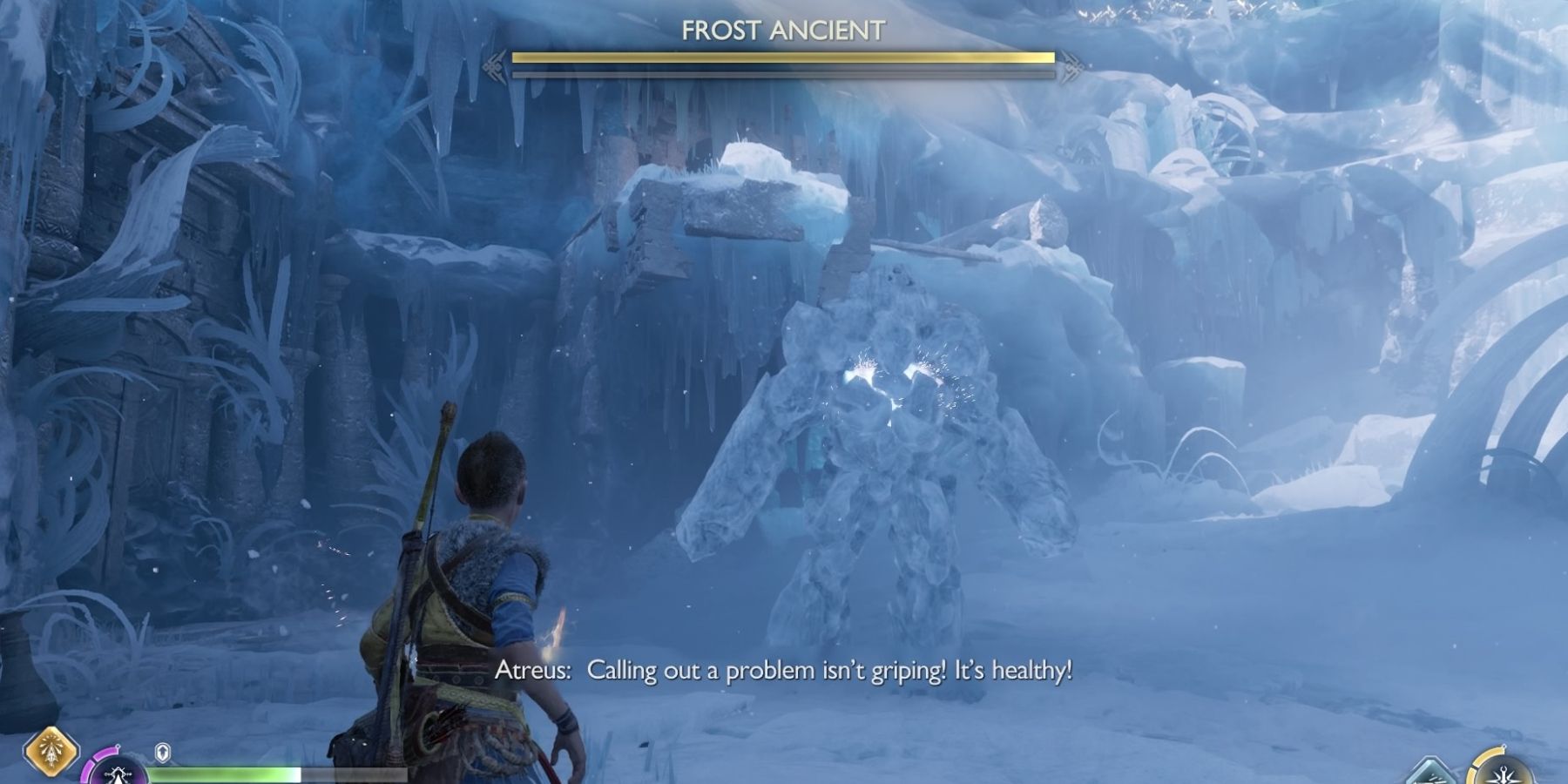 Atreus faces the Frost Ancient in God of War Ragnarok