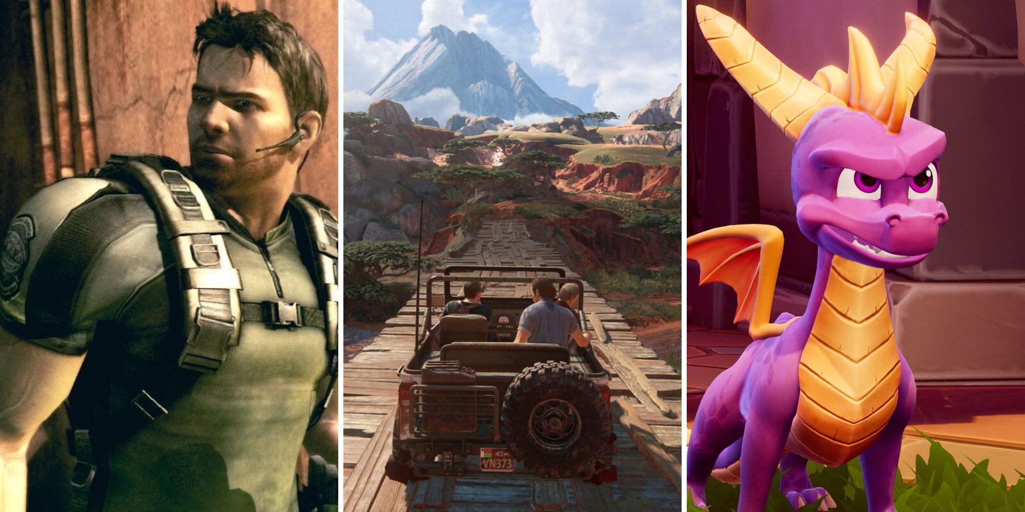 grid of images showing the games Resident Evil 5, Uncharted Legacy of Thieves Collection, and Spyro The Dragon