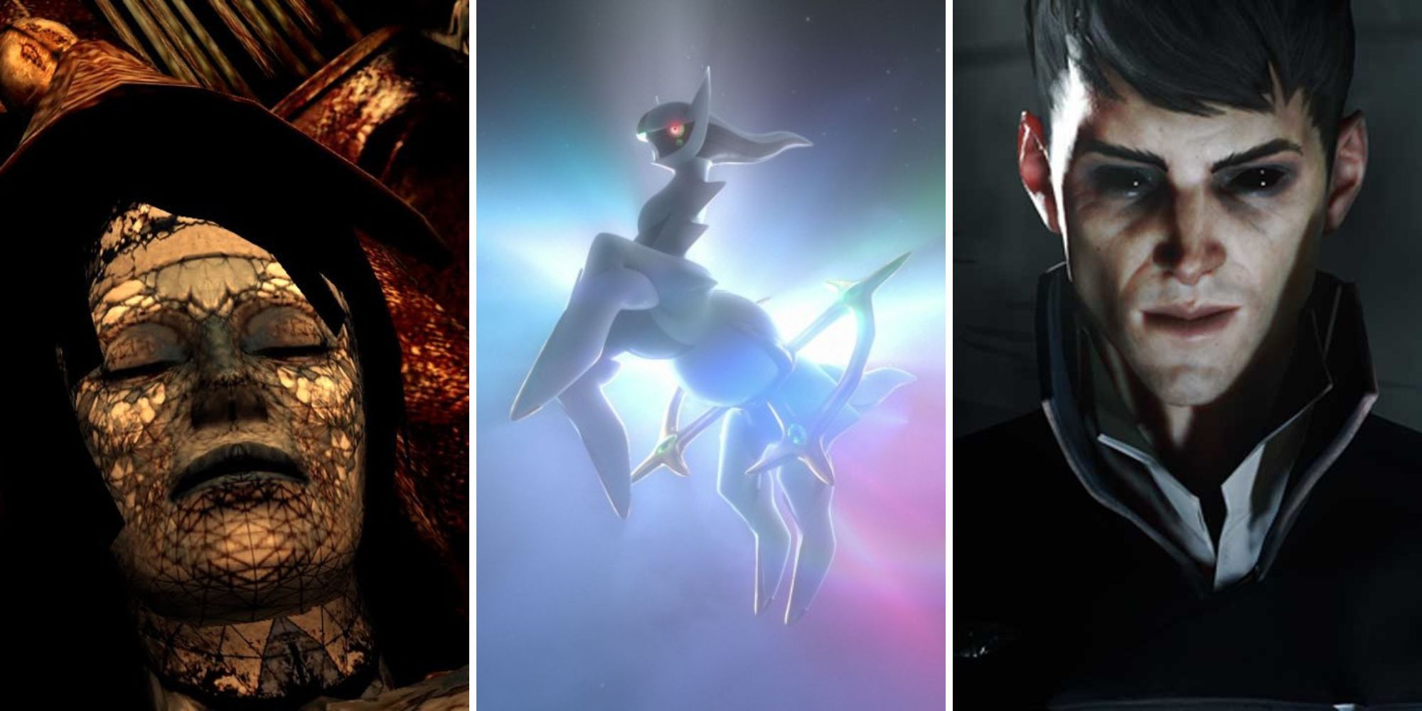 A grid showing three gods from the games Silent Hill 3, Pokemon Legends: Arceus, and Dishonored 2