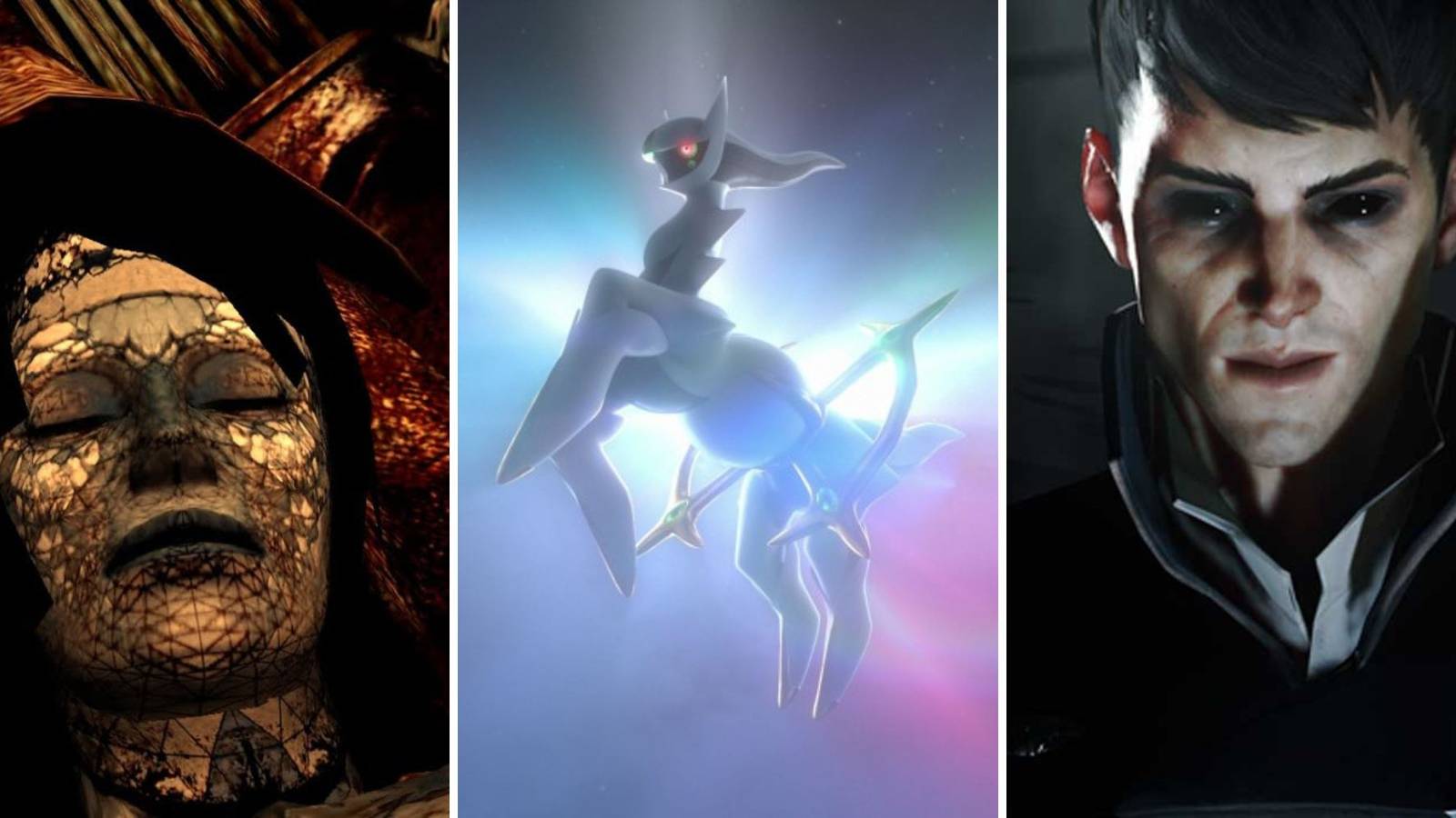 A grid showing three gods from the games Silent Hill 3, Pokemon Legends: Arceus, and Dishonored 2