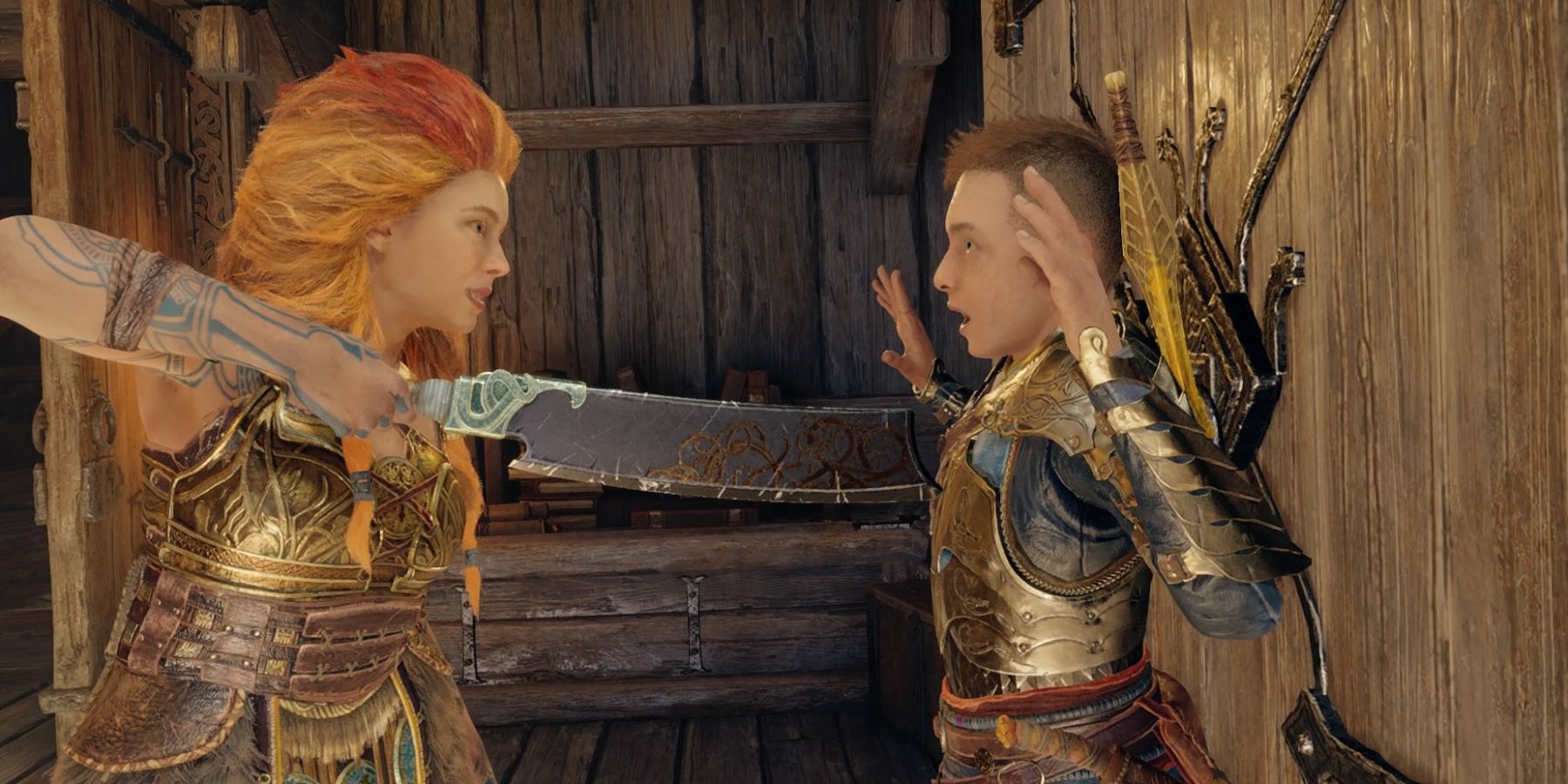 Thrud points her sword at Atreus in God of War Ragnarok