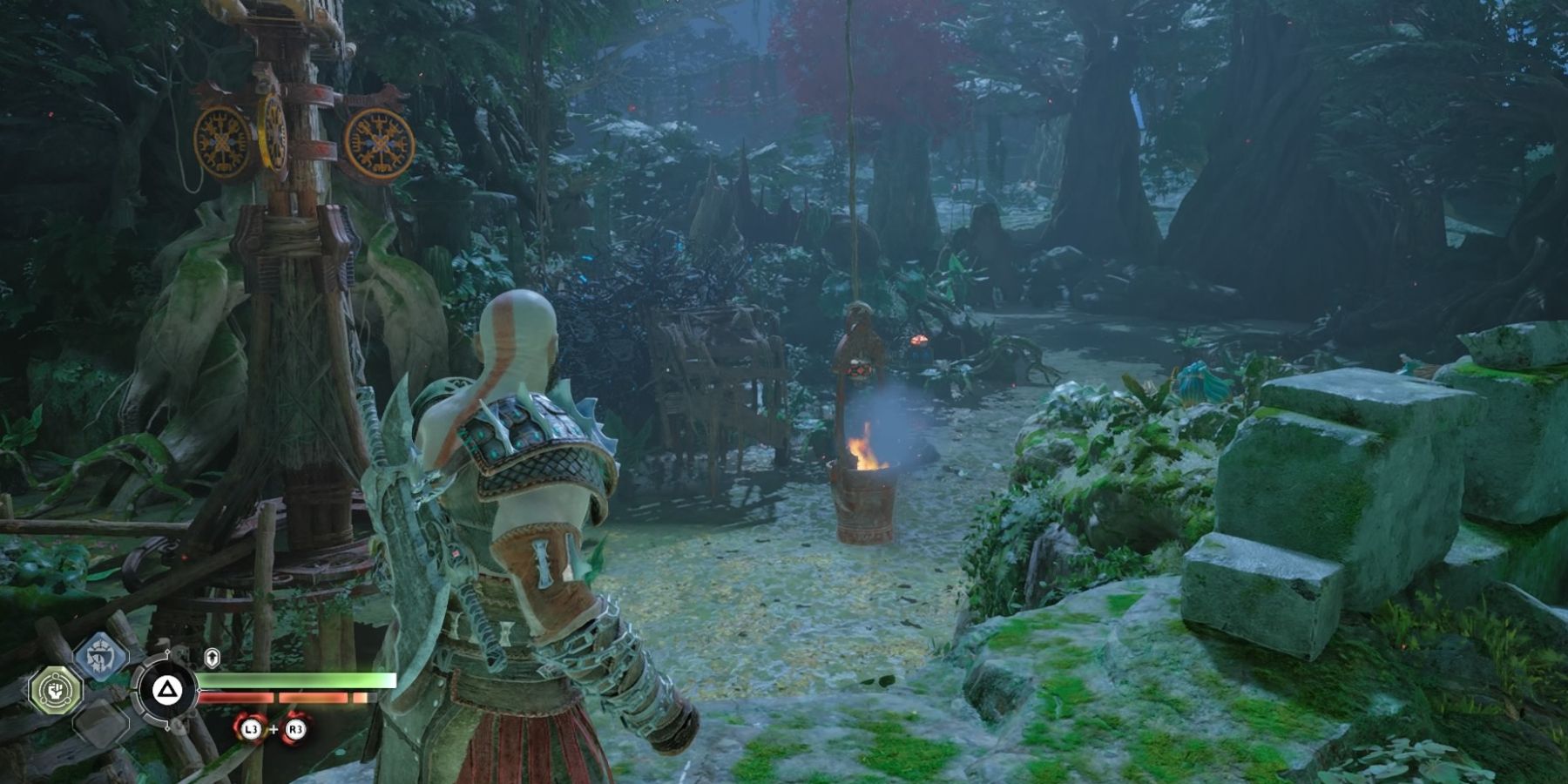 Kratos faces a flaming pot in God of War Ragnarok