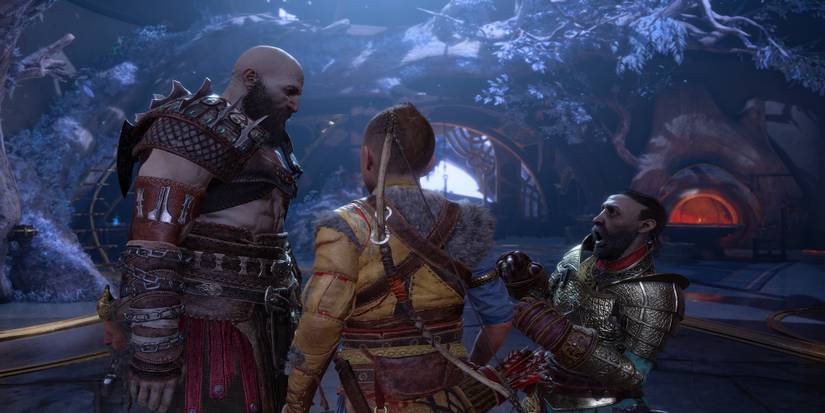 A cutscene featuring characters in God of War Ragnarok