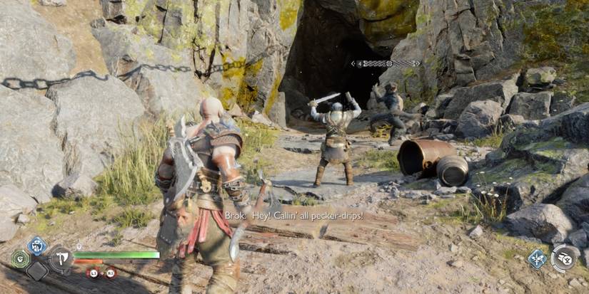 Kratos and Brok approach a Grim in God of War Ragnarok