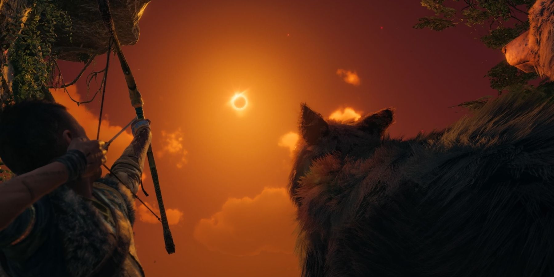 Atreus aims his bow at the moon in God of War Ragnarok