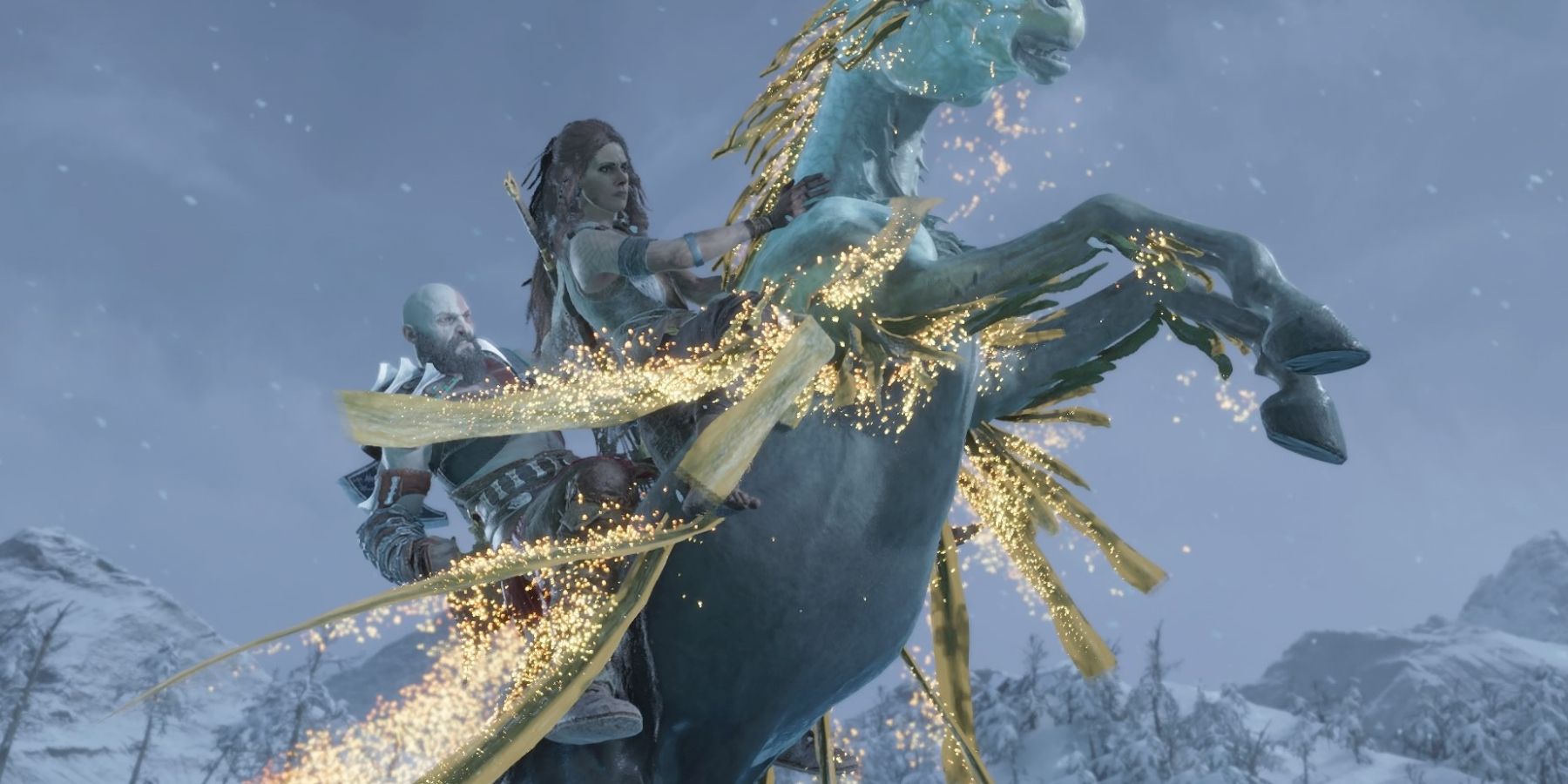 Kratos and Freya mount a Kelpie in God of War Ragnarok