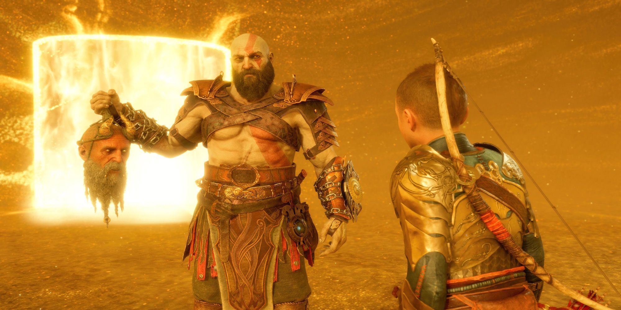 A cutscene featuring characters in God of War Ragnarok