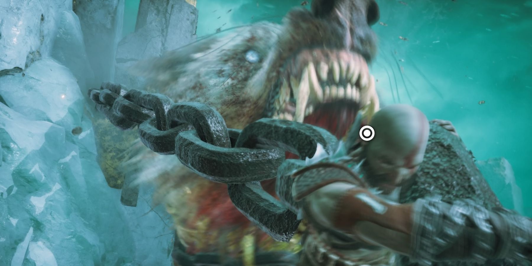 Kratos wraps chains around Garm in God of War Ragnarok