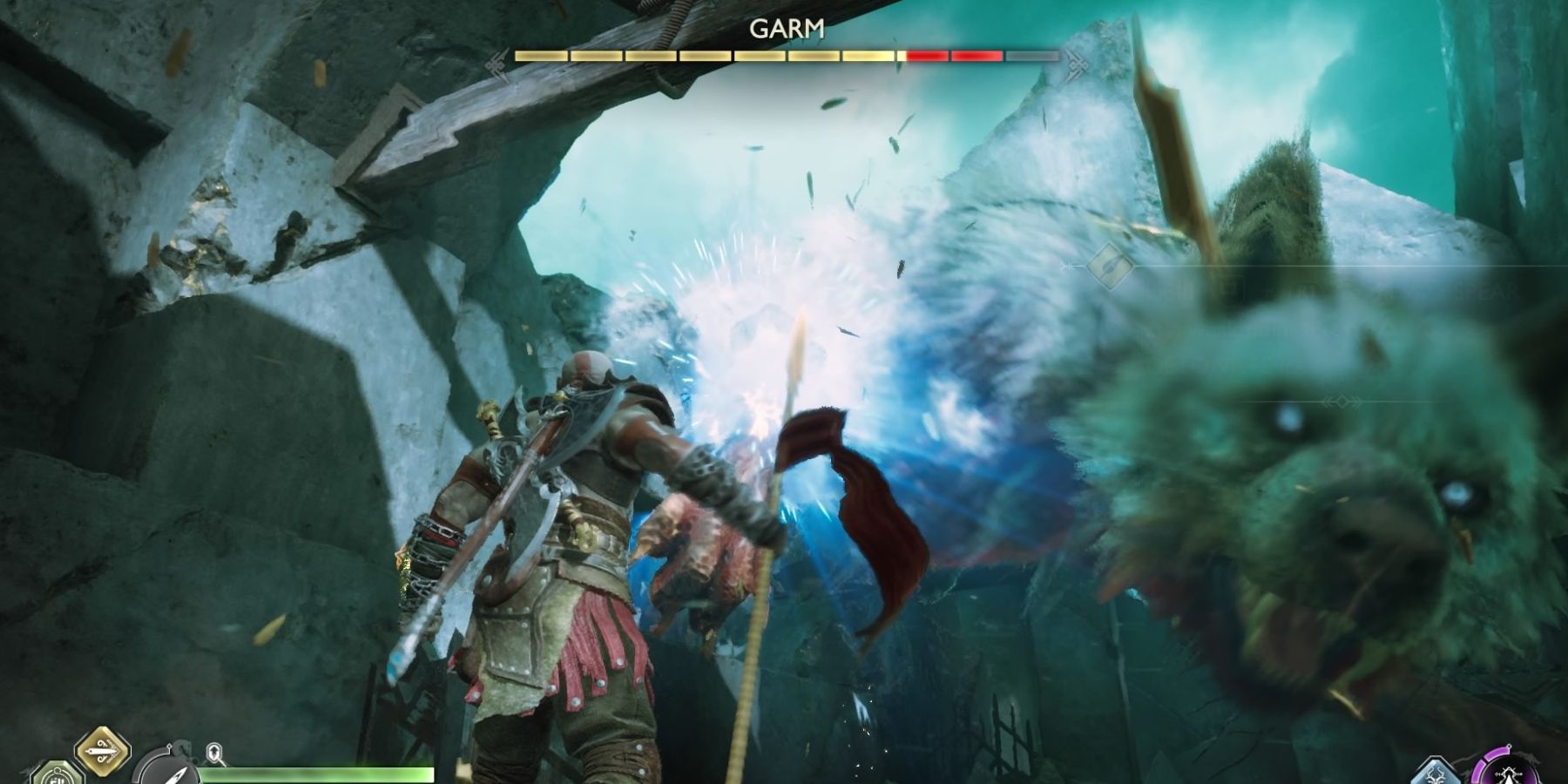 Kratos throws the Draupnir Spear at Garm in God of War Ragnarok