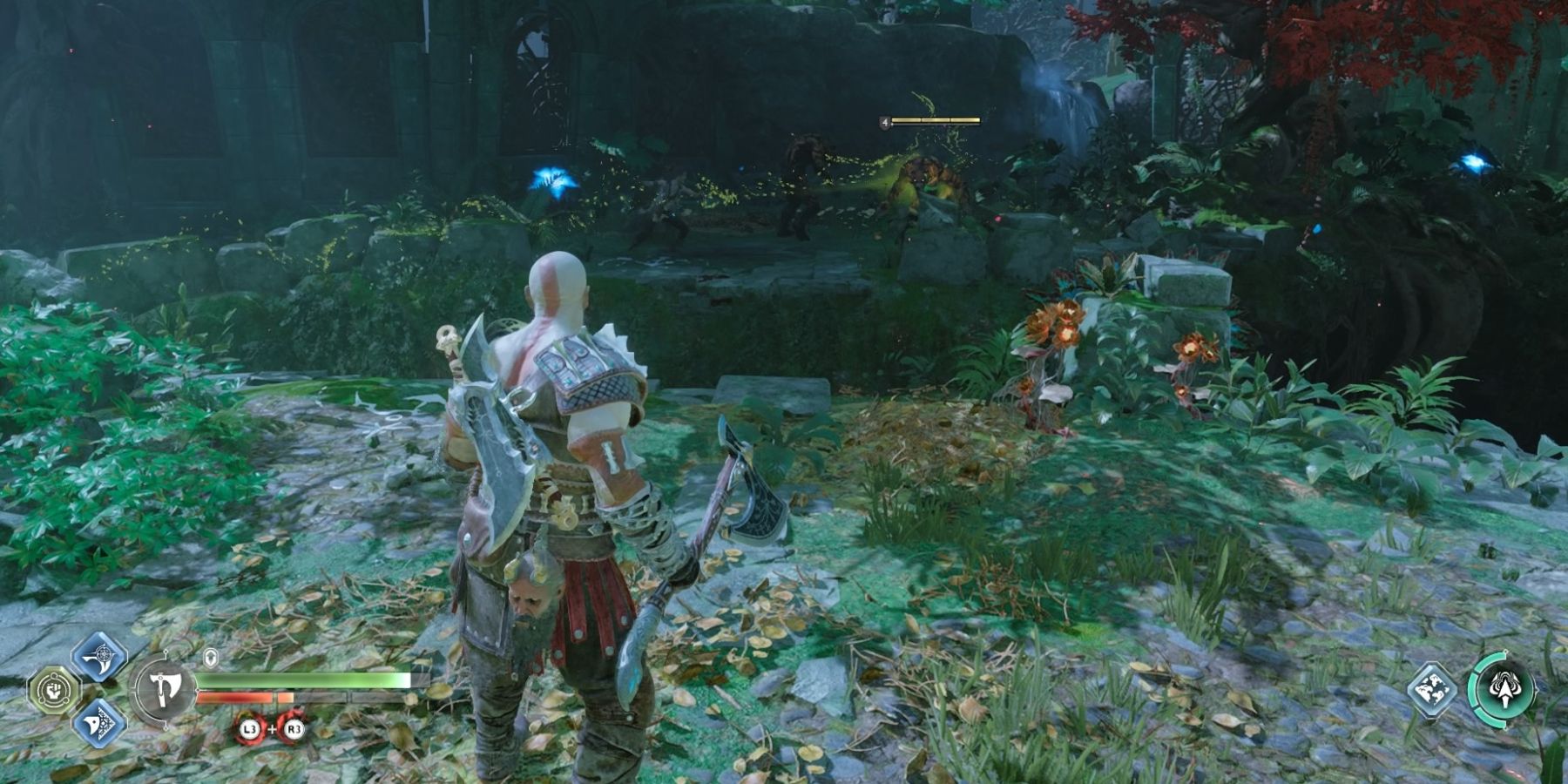 Kratos stares at two Wulvers in God of war Ragnarok