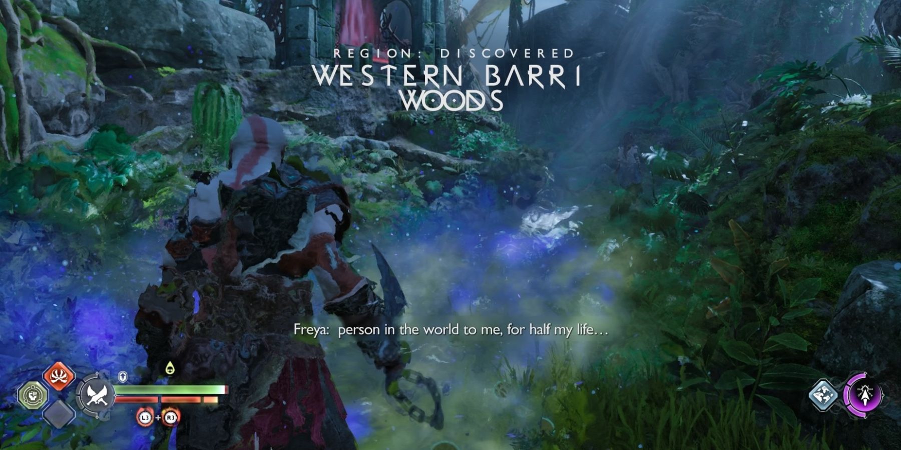 Kratos faces some purple fumes in God of War Ragnarok