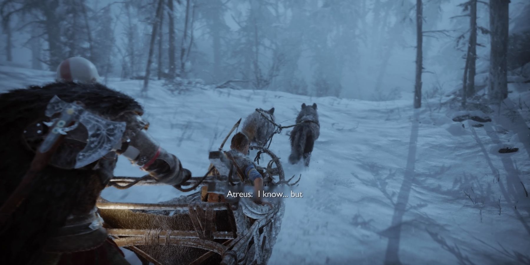 Kratos and Atreus using a sled to travel in God of War: Ragnarok