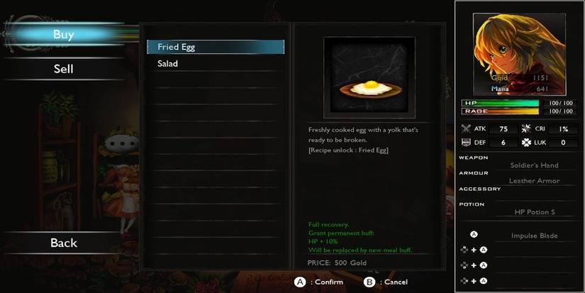 A shop menu in Sword of the Vagrant