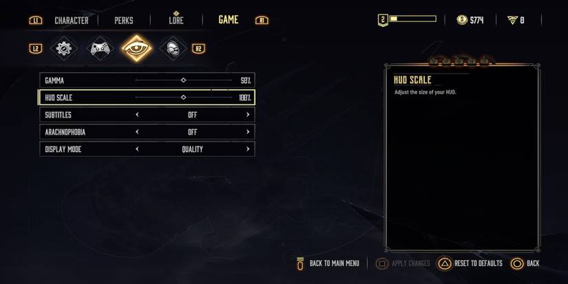 The options menu in Evil West