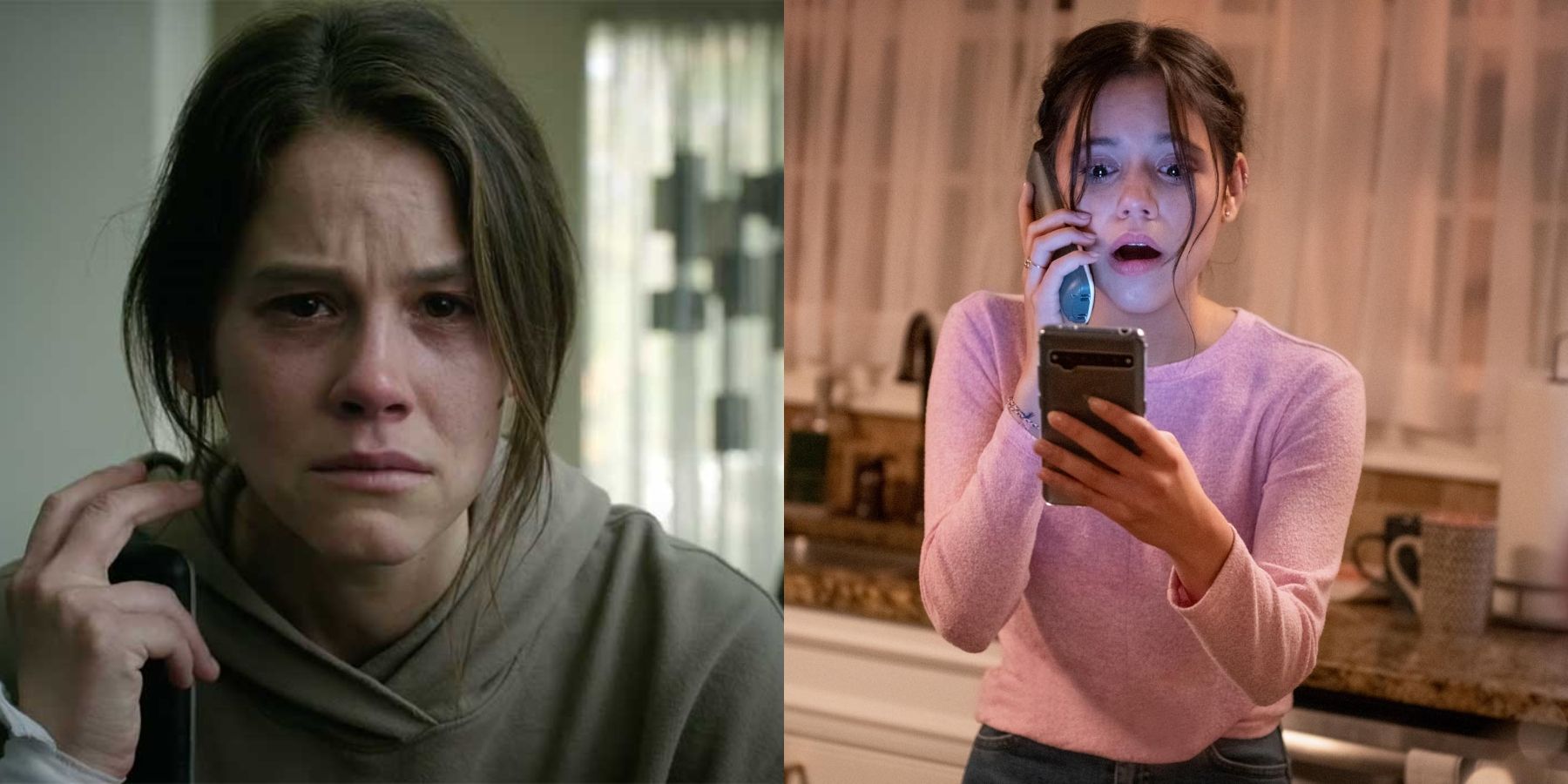 ภาพแยกของ Sosie Bacon ใน Smile และ Jenna Ortega ใน Scream (2022)