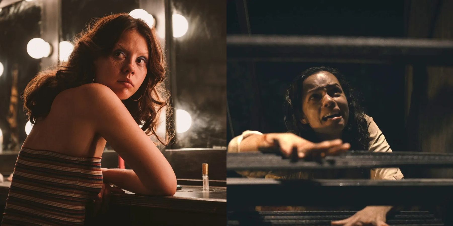 Split image of Mia Goth in X and Georgina Campbell in Barbarian