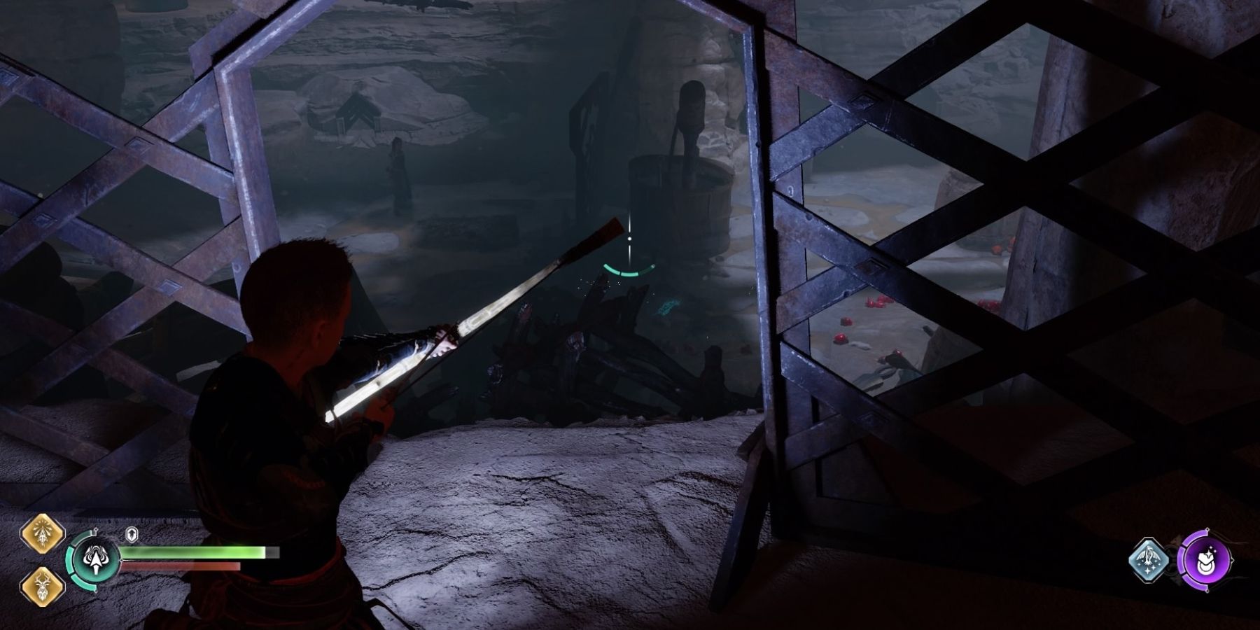 Atreus aims his bow at a Soundstone in God of War Ragnarok