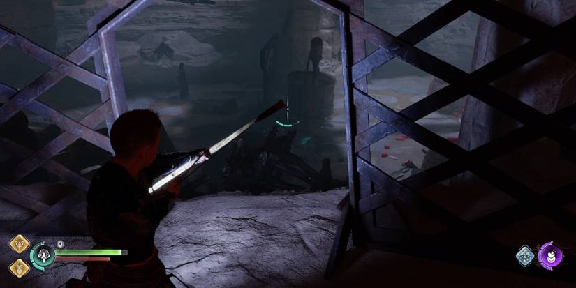 Atreus aims his bow at a Soundstone in God of War Ragnarok