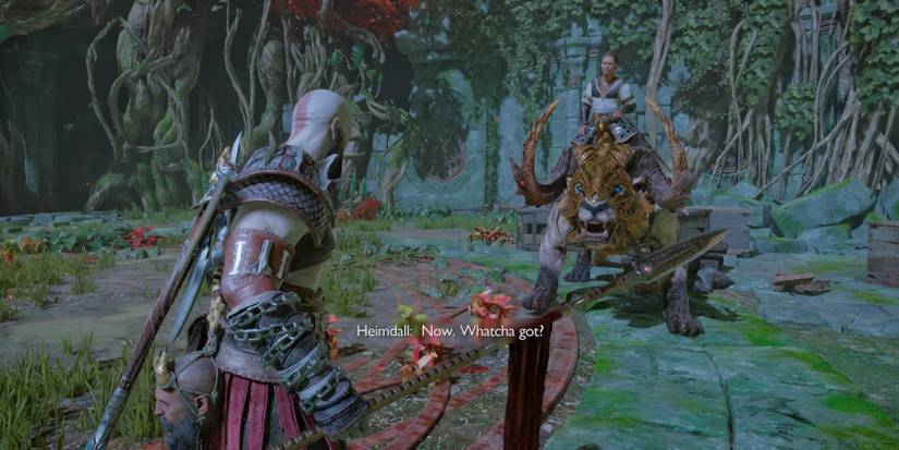 Kratos faces Heimdall atop a Gulltoppr in God of War Ragnarok