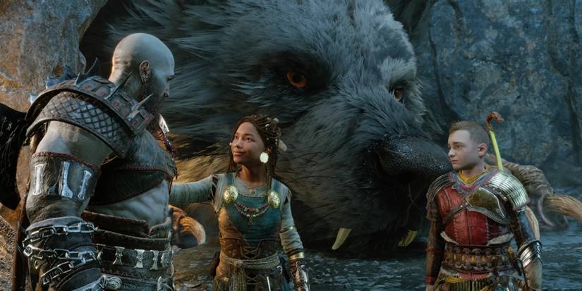 Kratos, Angrboda, Fenrir, and Atreus in God of War Ragnarok