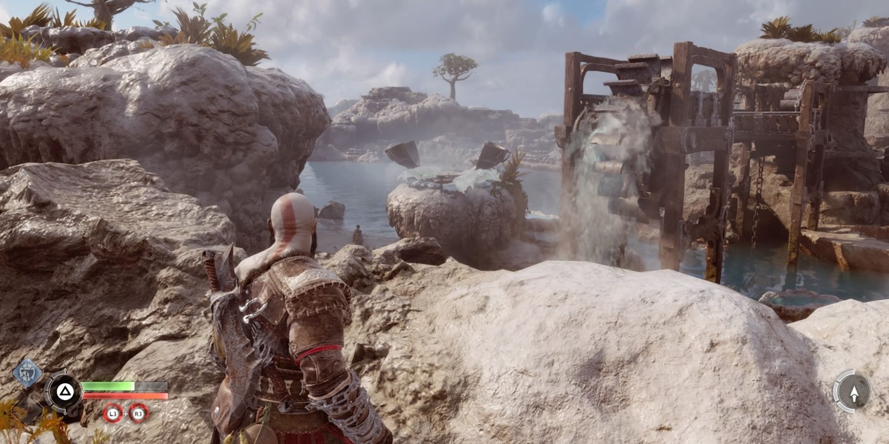 Kratos faces a geyser in God of War Ragnarok