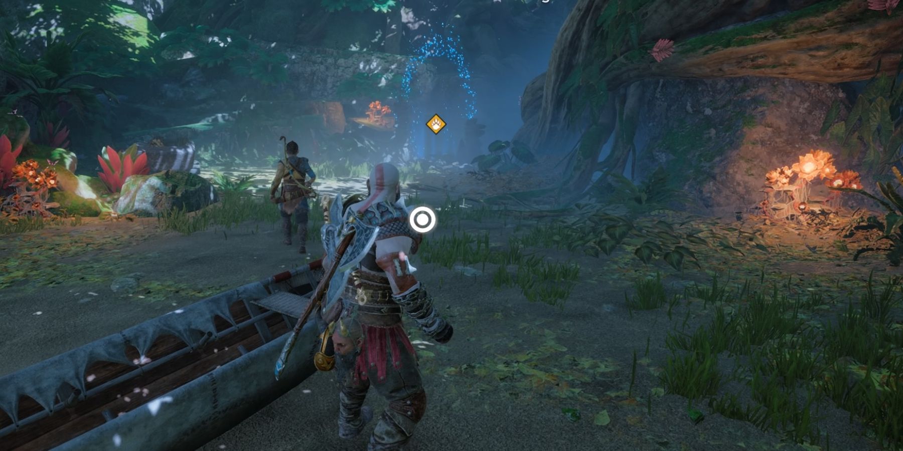 Kratos and Atreus approach a Mystic Gateway in God of War Ragnarok