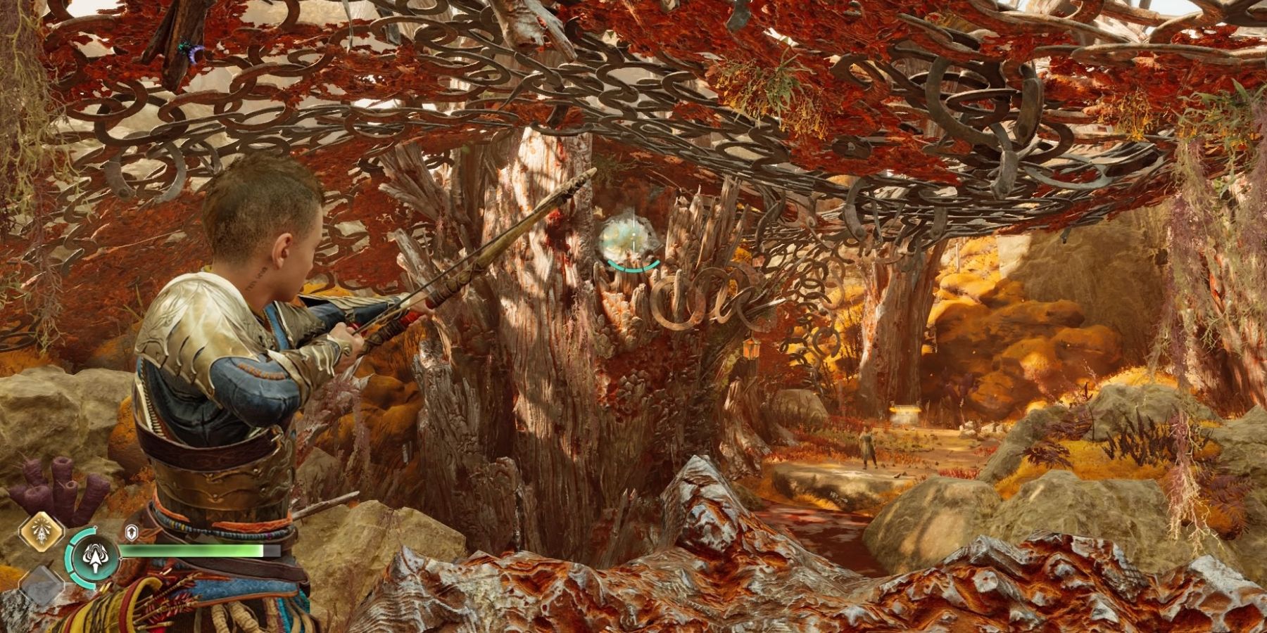 Atreus aims at a Soundstone in God of War Ragnarok