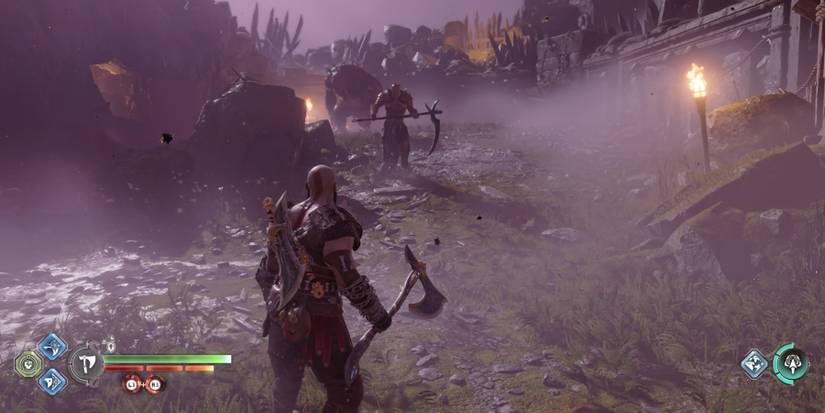 Kratos approaches an Einherjar Captain and an Ogre in God of War Ragnarok