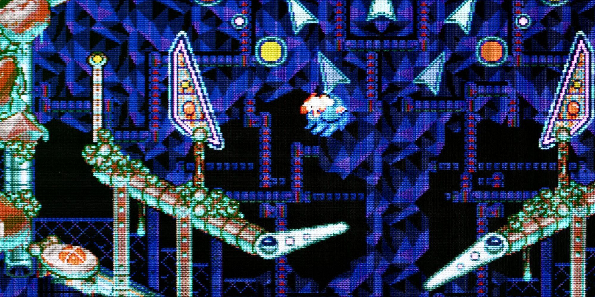 Soinc rolling and bouncing in sci fi dungeon pinball stage in Sonic Spinball