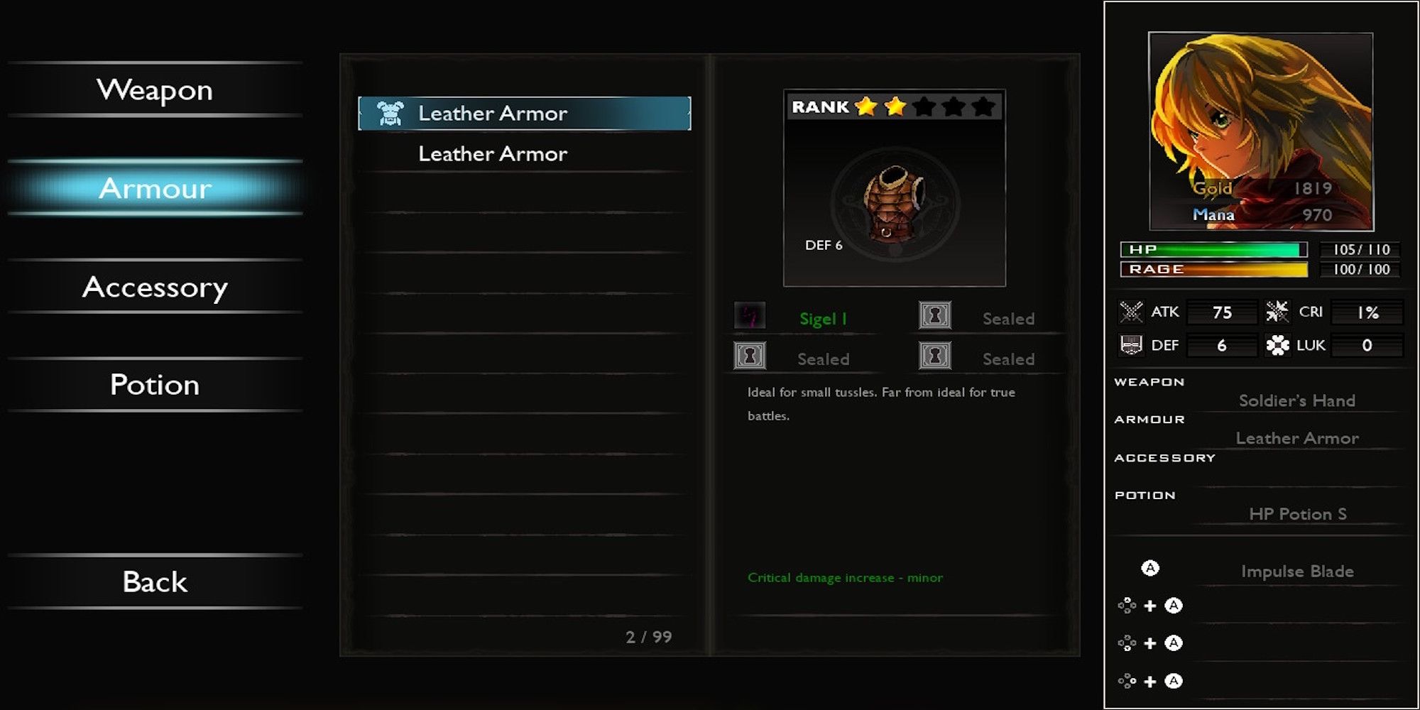 The gear menu in Sword of the Vagrant