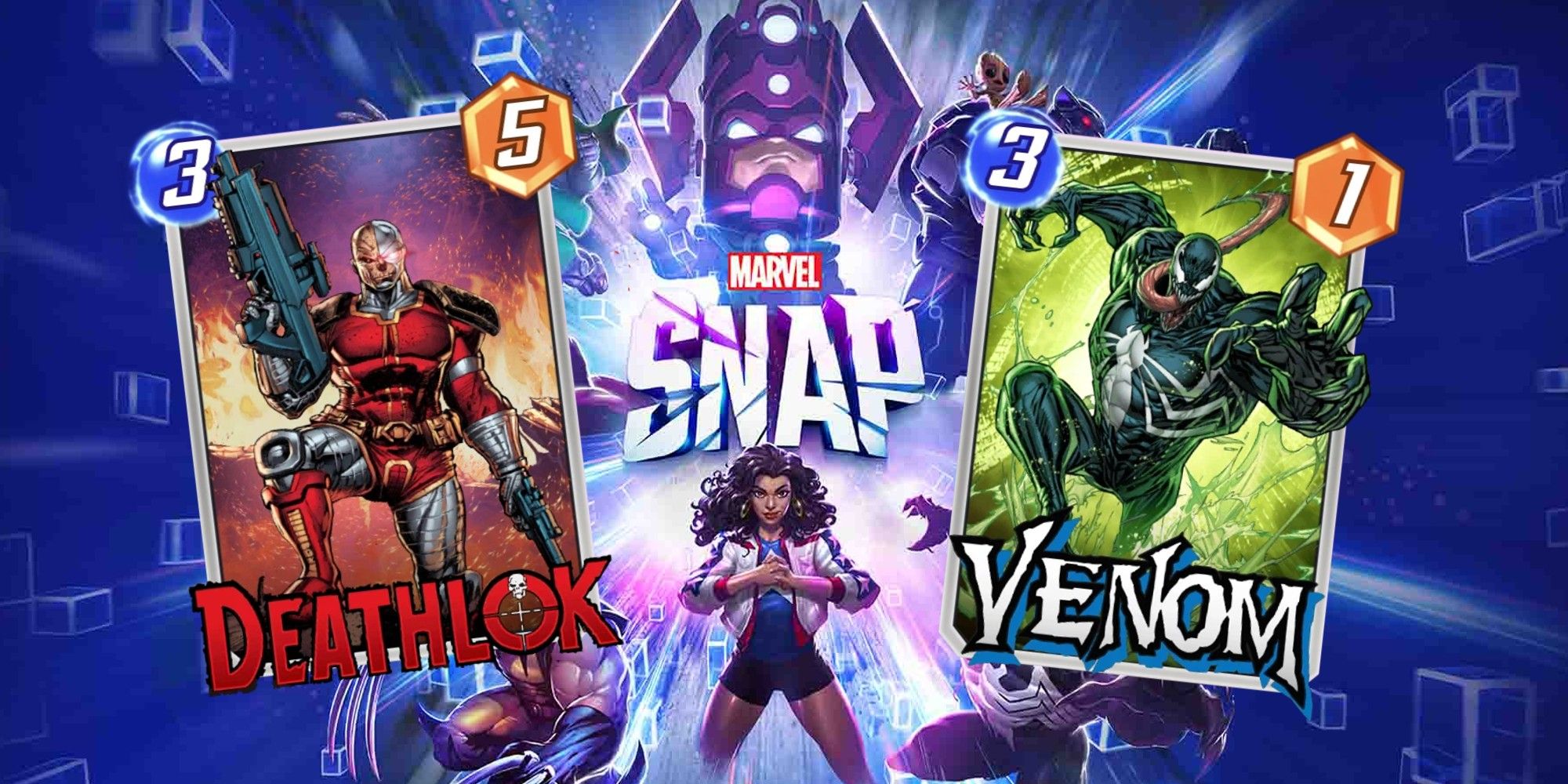 deathlok and venom in front of the marvel snap logo