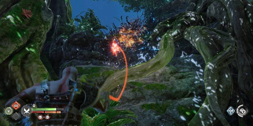 Kratos burns the brambles in God of War Ragnarok