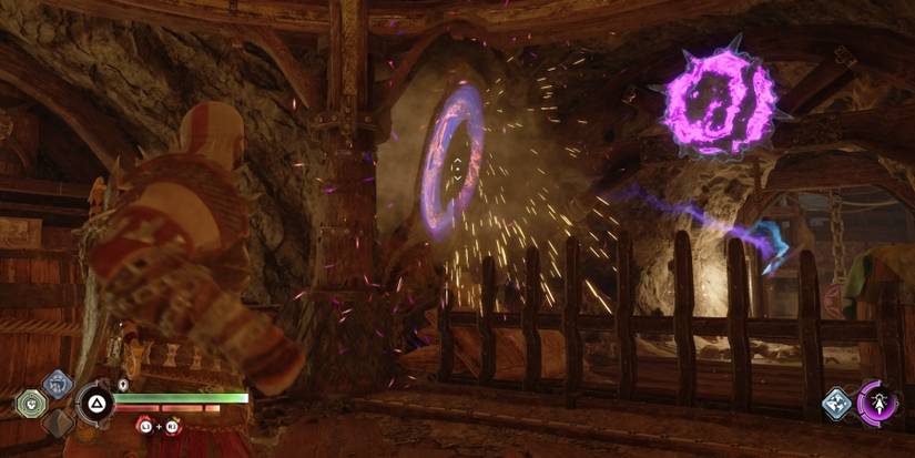 Kratos throws the Leviathan Axe at a Twilight Stone in God of War Ragnarok