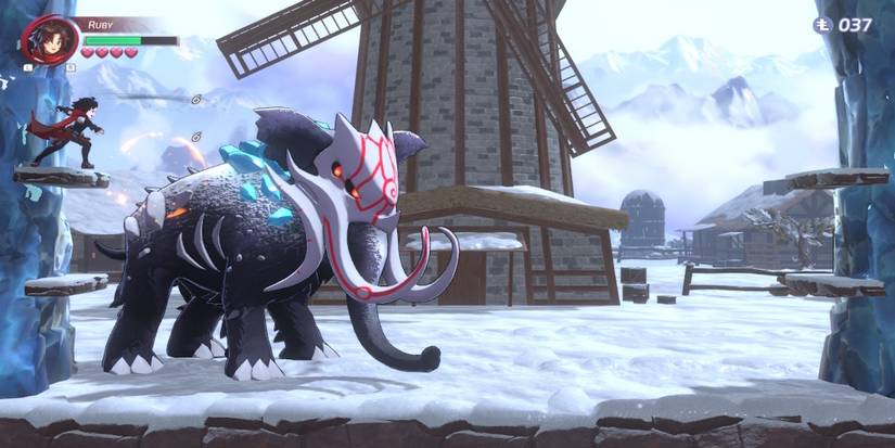 Fighting a boss in RWBY Arrowfell 