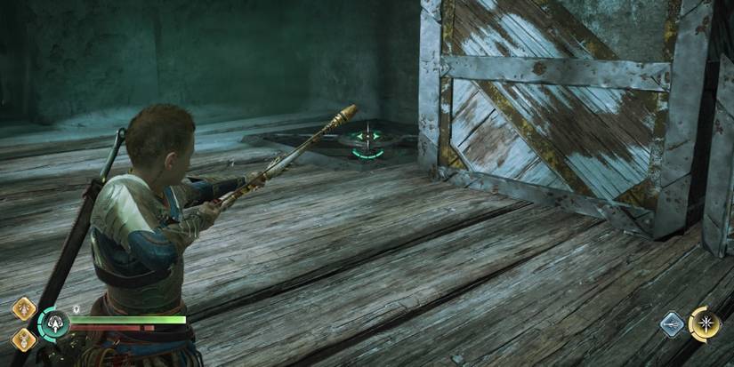 Atreus aims at a Soundstone in God of War Ragnarok