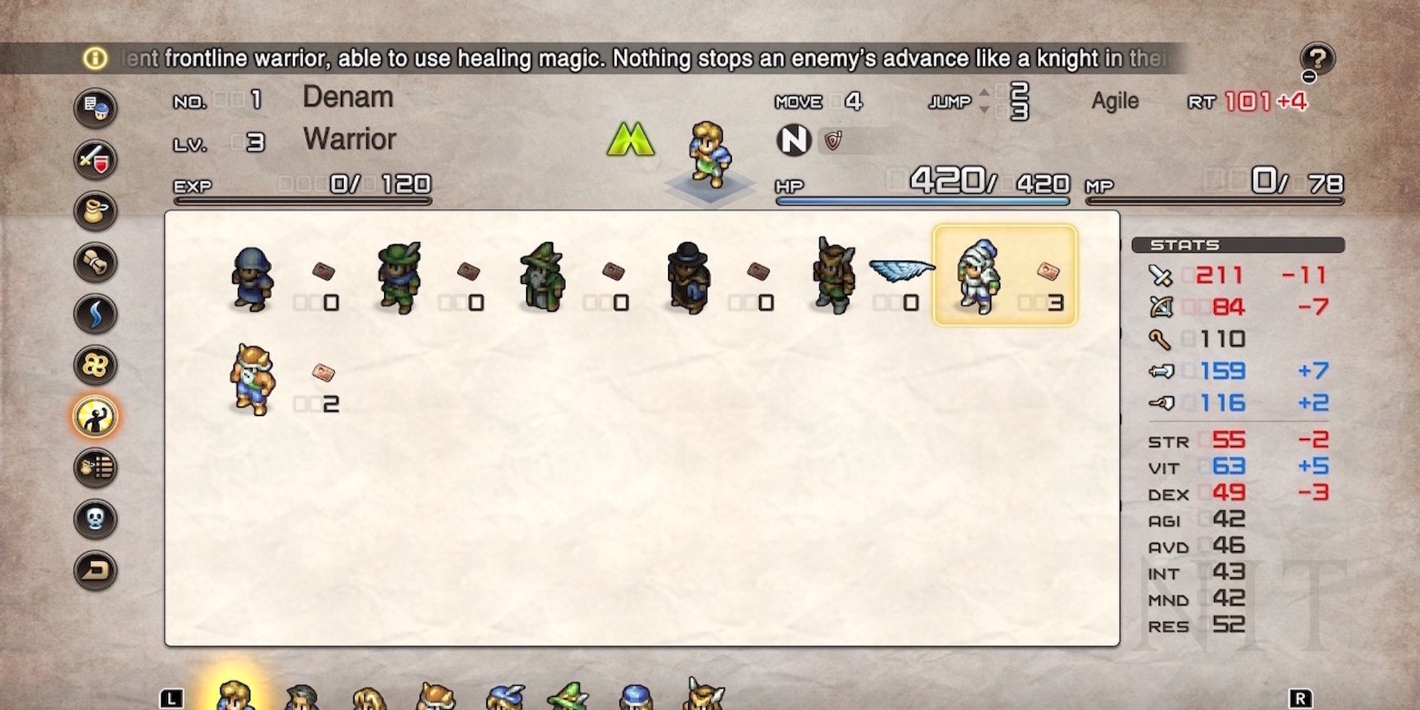 The character menu in Tactics Ogre Reborn