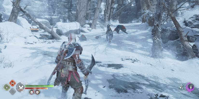 Kratos faces a Raider and a Gulon in God of War Ragnarok