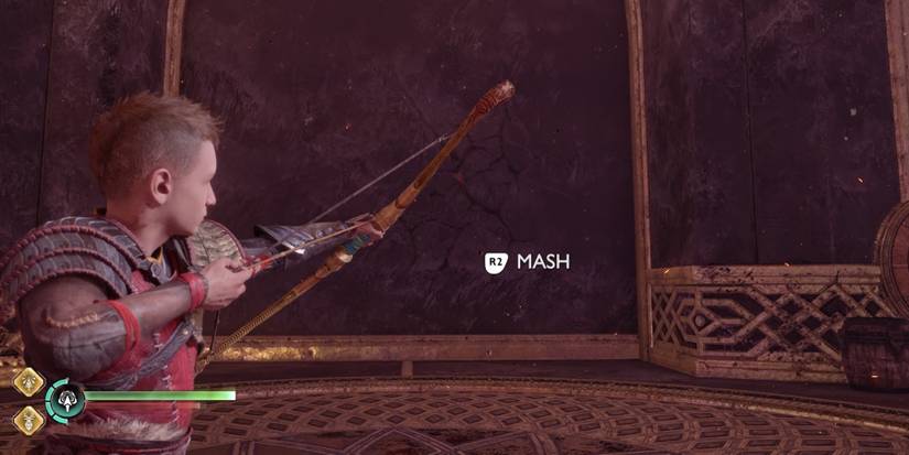 Atreus aims his bow at Hrimthur's Wall in God of War Ragnarok