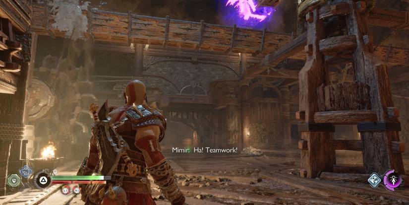 Kratos uses his axe on a water duct in God of War Ragnarok