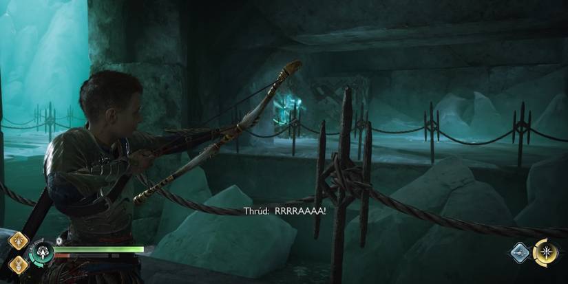 Atreus aims at a Soundstone in God of War Ragnarok